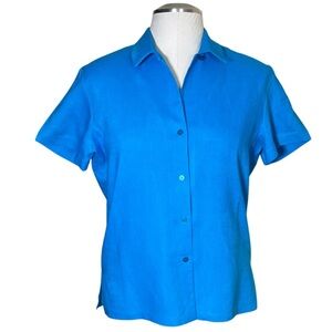 Linen Josephine Chaus Sport blue short sleeve collared button up M